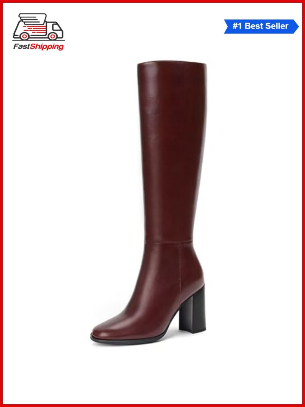 Women Knee High Boots Faux Leather Round Toe Chunky Heel Tall Boots Side Zip
